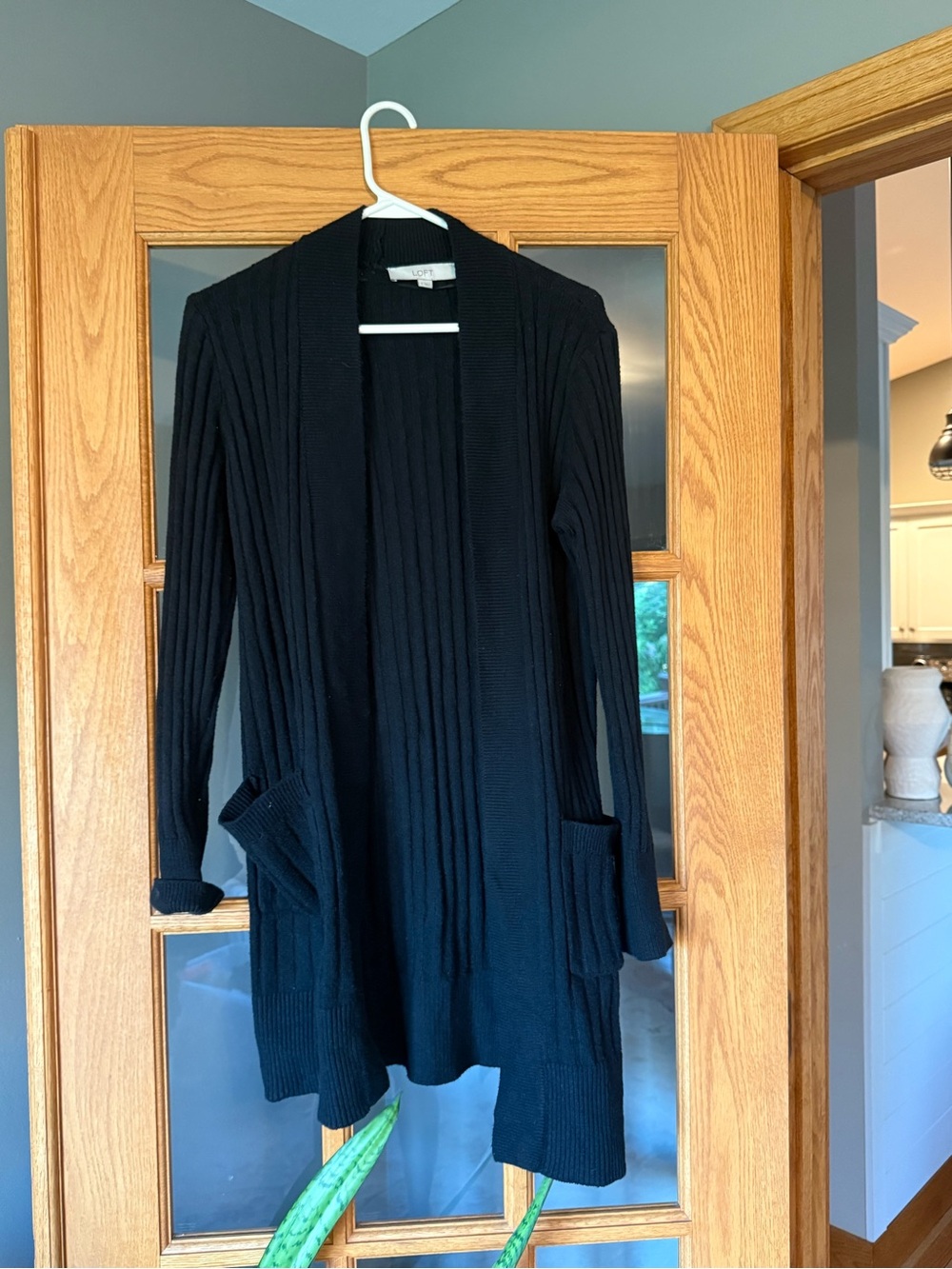 LOFT Black Ribbed Open-Front Cardigan